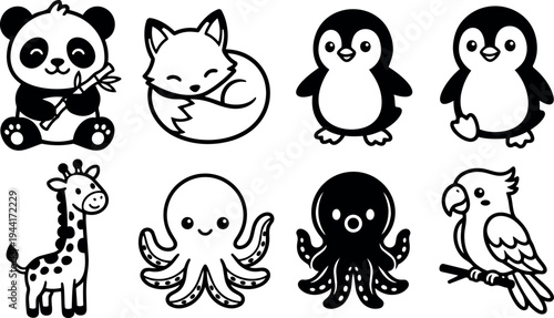 Cute black and white flat design animal icons including panda with bamboo fox curled sleeping penguins smiling giraffe octopus and parrot sitting on branch