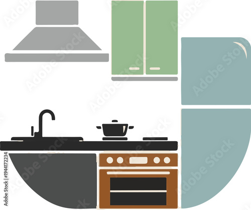 A simplified, flat illustration of a modern kitchen with appliances and utensils