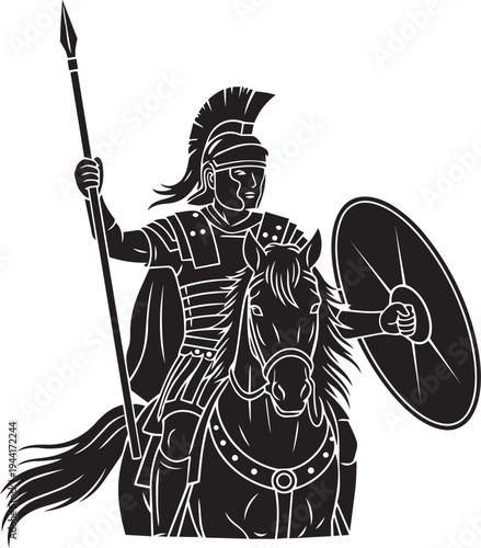 Powerful historical warrior cavalryman mounted on a charger, equipped with defensive shield and offensive spear, depicting ancient military prowess, strength, and courage