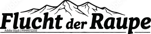 Stylized mountain range above bold script text