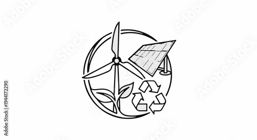 Circular emblem with wind turbine, solar panel, plant, and recycling symbol