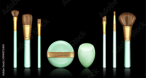 Makeup brush and sponge set isolated on black background. Vector realistic illustration of tools for professional cosmetics application, eye shadows, powder, blush, concealer, foundation brushes