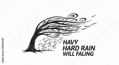 Stylized tree battered by heavy rain and wind