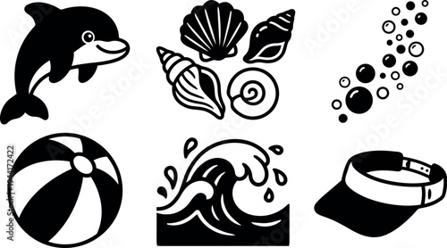 Black and white vector art set featuring smiling dolphin beach ball seashells water wave bubbles and sports visor