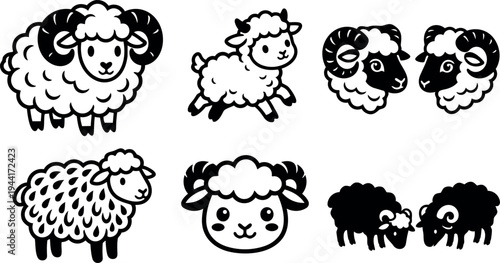 Cute black and white vector art set of fluffy sheep with horns lamb faces and detailed wool cartoon style illustration collection