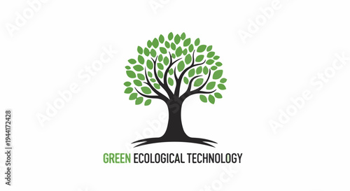 A stylized tree with green leaves and a black trunk stands on white