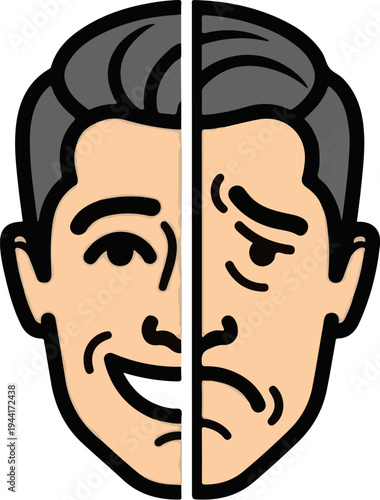 Split face showing happy and sad expressions, symbolizing duality