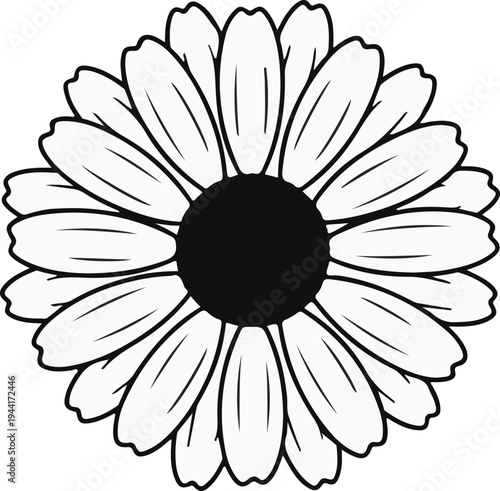 Stylized black and white daisy drawing with a dark central disk