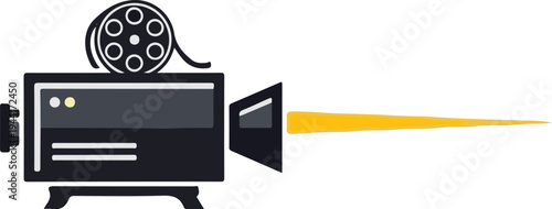 Vintage movie projector emits a beam of light