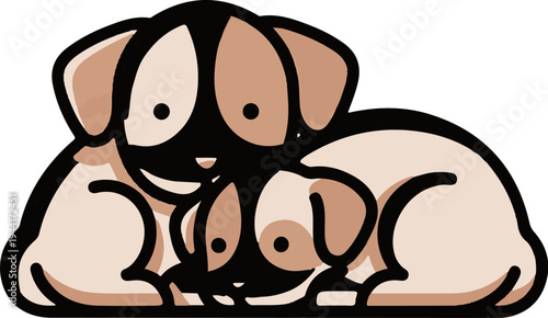 Two adorable puppies cuddled together, with simple cartoonish features