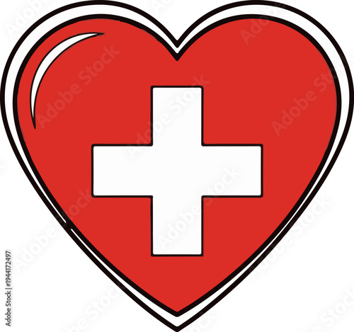 Red heart with a white cross, symbolizing aid