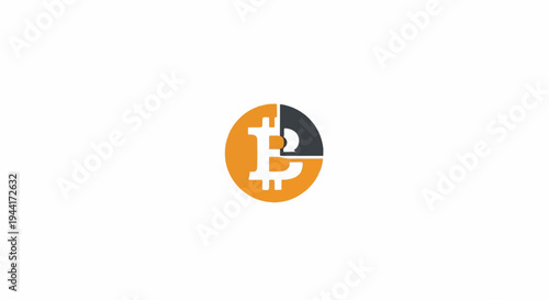 Stylized bitcoin symbol within a circle, split into orange and dark gray