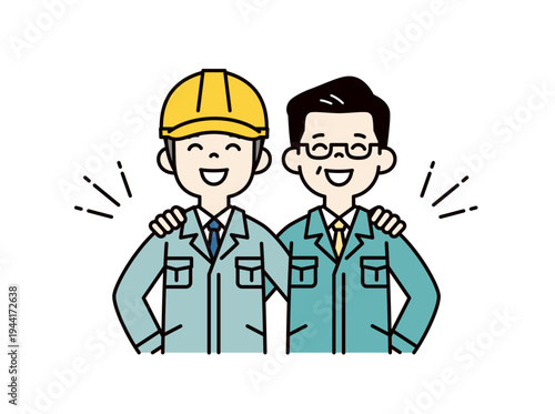 仲良く肩を組む、ヘルメットを被った現場監督と工務店の社長の上半身ベクターイラスト素材