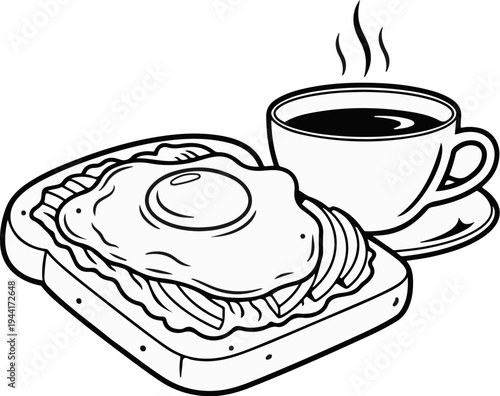 Hearty breakfast of fried egg sandwich with steaming coffee cup on saucer