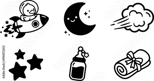 Cute duck astronaut flying a rocket with stars moon bottle and rolled towel black line icons vector art set