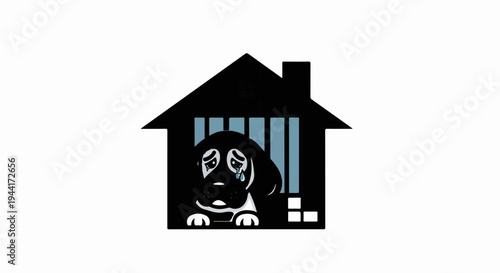 Sad dog behind bars inside a house silhouette