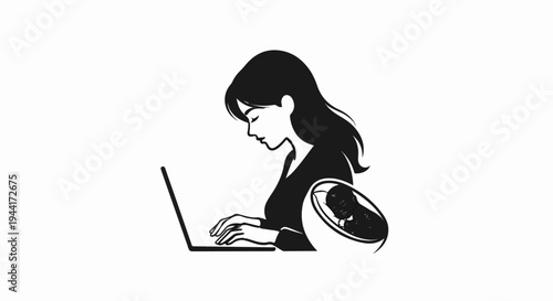Woman typing on laptop with a baby in a bowl beside her