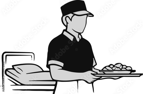 Person in uniform serving food on tray next to patient bed