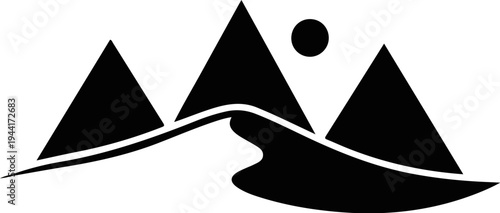 Stylized mountain range with a river and sun in silhouette