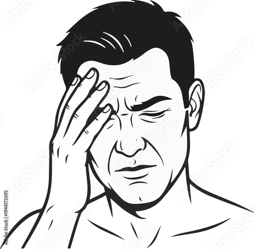 Man with hand on forehead in distress, black and white comic style