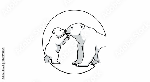 Polar bear mother and cub embracing within a circle
