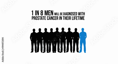 Seven black silhouettes of men stand with one blue silhouette of a man