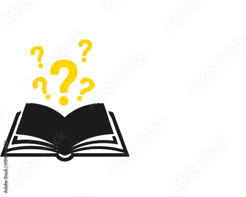 Open book with yellow question marks emerging from pages