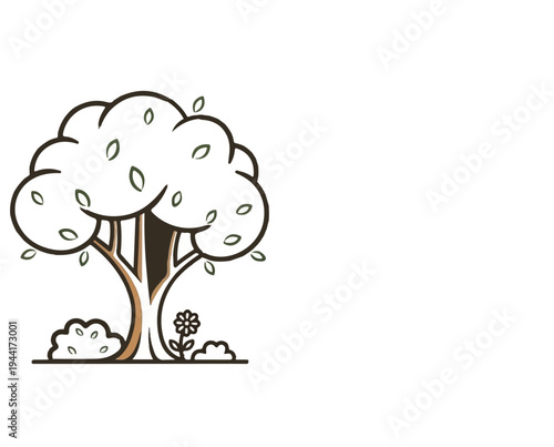Stylized tree with fluffy canopy, distinct trunk, and small flowering plant