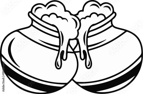 Two clay pots overflowing with frothy liquid, in a black and white graphic