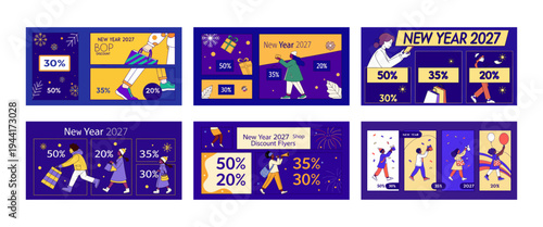 Set of New Year Sale 2027: Festive Shopping Banners Featuring 20–60% Off Deals for Holiday Retail, Winter Promotions & Celebration Graphics