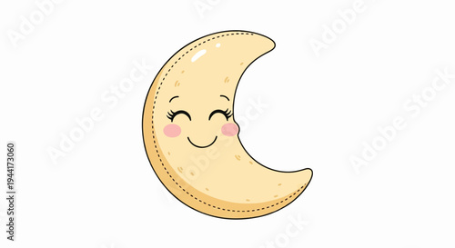 A smiling, crescent moon with blush cheeks and closed eyes on a white background