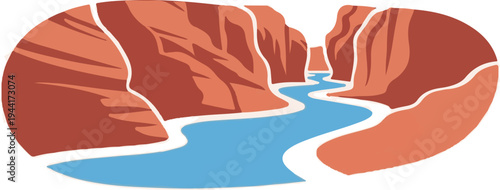 Stylized view of a winding river flowing through a red rock canyon