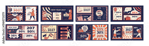 Set of New Year Sale 2027: Festive Discount Banners Featuring 30–90% Off Deals for Holiday Shopping and Retail Promotions