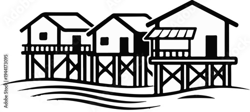 Three stilt houses with a wavy water base
