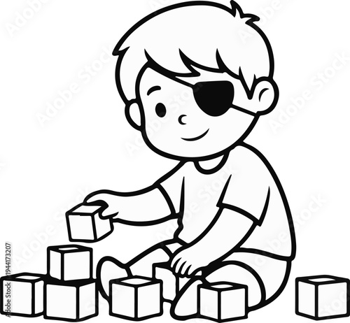 Smiling child with eyepatch plays with building blocks, black and white outline art