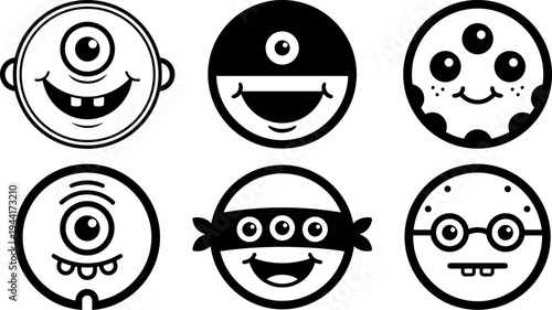 Playful black and white vector art set of six smiling one eyed cartoon monster faces with different expressions and tooth styles