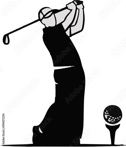 Stylized silhouette of a golfer in mid-swing, poised to strike a ball on a tee