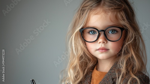 Cute Little Girl Wearing Glasses Holding Notebook