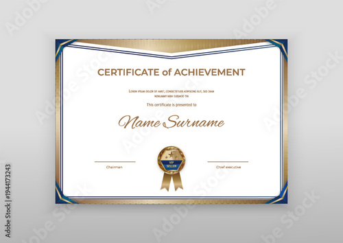 White certificate Template with Gold Emblem and Gold Border, Blue Corners.