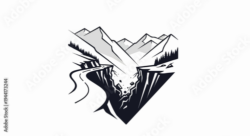 Dramatic mountain pass plunges into a chasm with debris falling