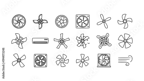 Minimalist propeller and ventilation fan icons collection with cooler rotor turbine and airflow symbols isolated on transparent background