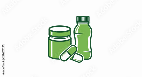Green pill bottle, capsule, and bottle isolated on white background