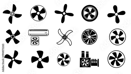 Fan propeller icons vector set with ventilator cooler turbine rotor and air conditioning symbols isolated on transparent background