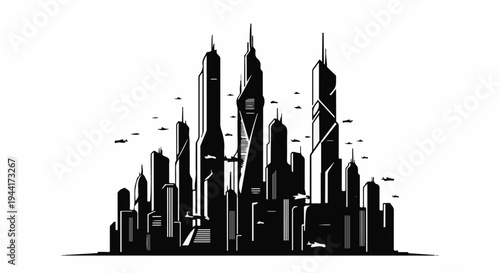 Stylized black silhouette of a futuristic city skyline with flying vehicles