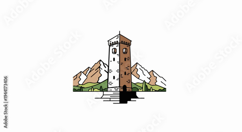 Medieval tower in mountains with reflected image and stylized trees