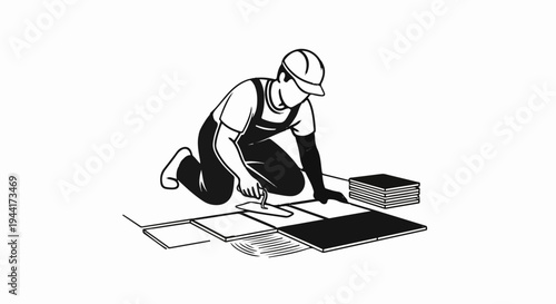 Worker laying tiles with trowel and stack of tiles