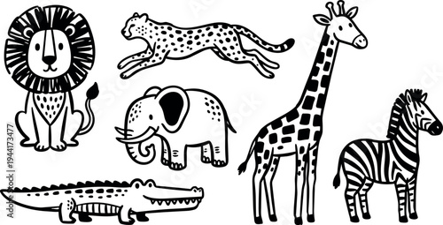 Black and white minimalist vector art of sitting lion running cheetah standing giraffe walking zebra walking crocodile and small elephant