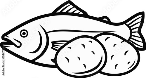 Line art drawing of a fish and two potatoes