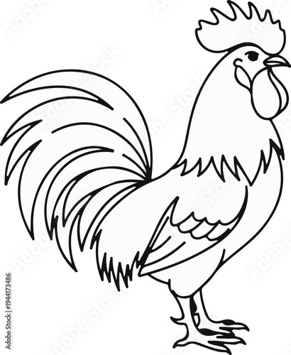 A stylized outline drawing of a proud rooster with a large tail and comb