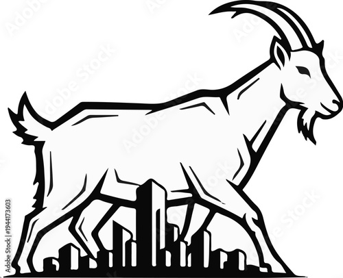 Stylized goat walks atop abstract city skyline